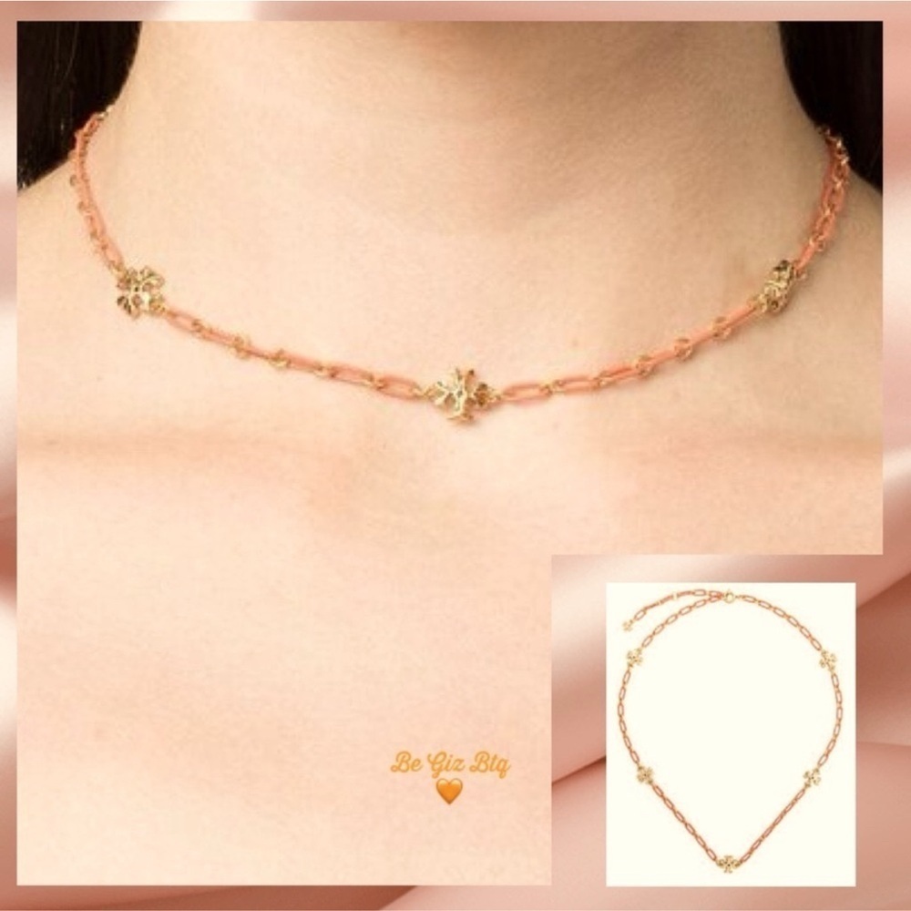 🆕 NWT Tory Burch Roxanne 18K-Gold-Plated & Coral Acrylic Logo Chain Necklace